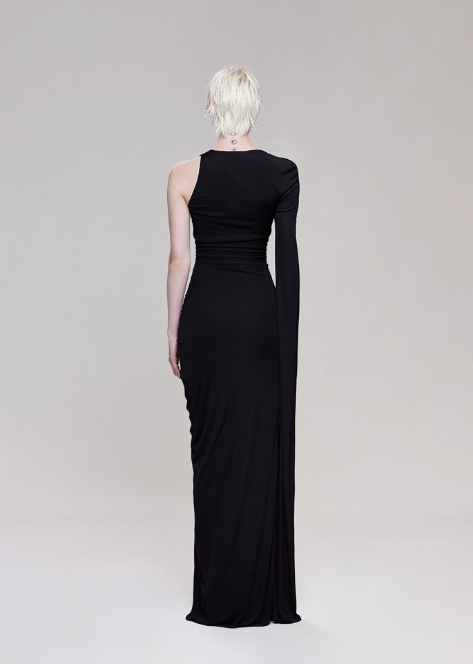 DEL CORE: ABITO LUNGO MONOSPALLA DRAPEGGIATO IN VISCOSE JERSEY