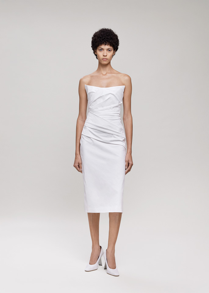 DEL CORE: DRAPED BUSTIER MIDI DRESS WITH SHARP NECKLINE