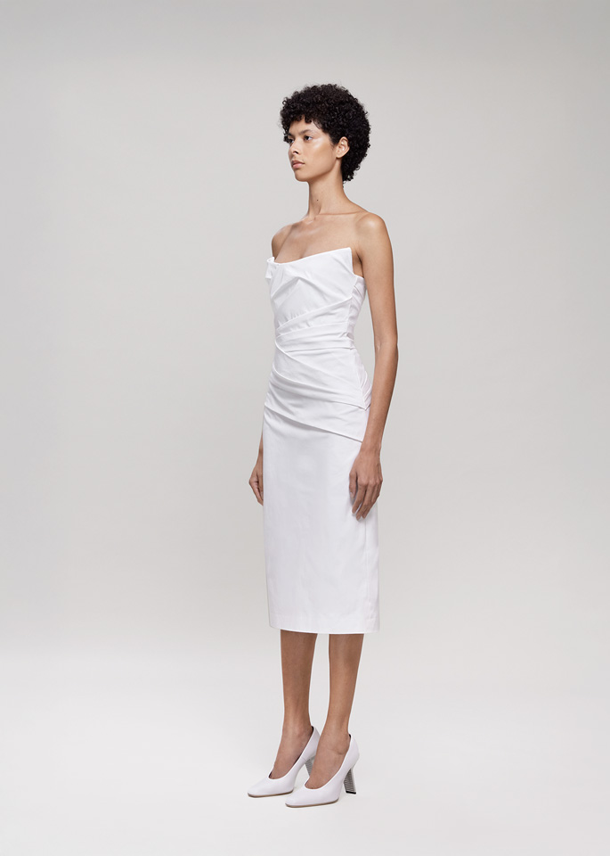 DEL CORE: DRAPED BUSTIER MIDI DRESS WITH SHARP NECKLINE