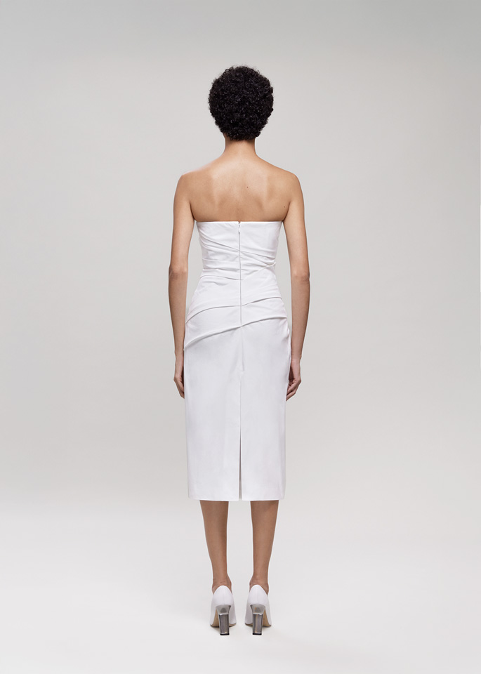 DEL CORE: DRAPED BUSTIER MIDI DRESS WITH SHARP NECKLINE