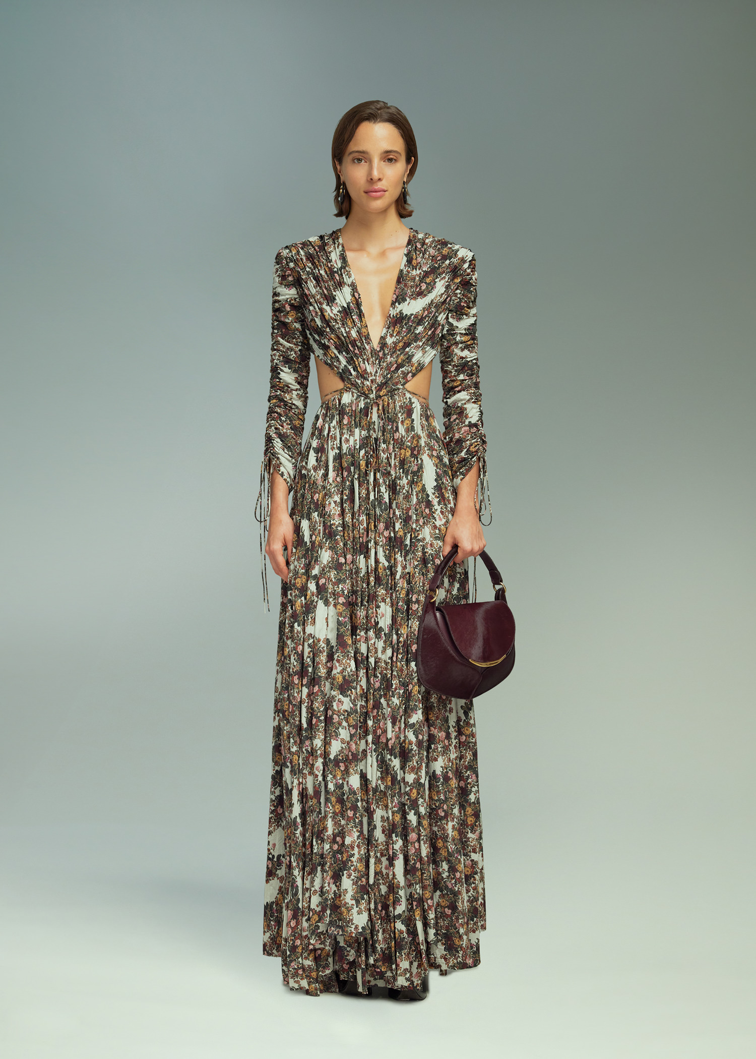 DEL CORE: V-NECK PLEATED DRESS WITH LONG SLEEVES AND DRAWSTRING WAIST
