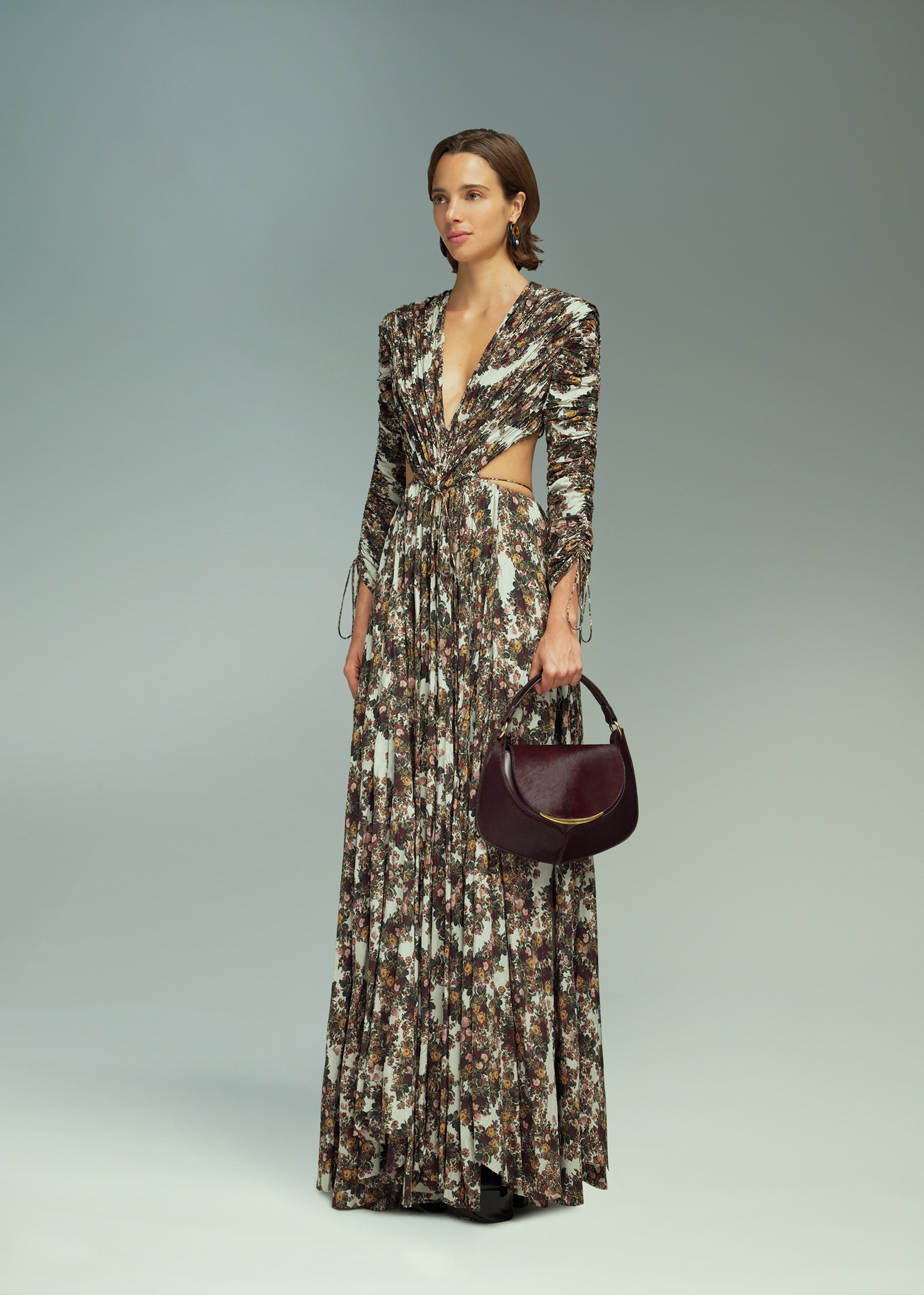 DEL CORE: V-NECK PLEATED DRESS WITH LONG SLEEVES AND DRAWSTRING WAIST