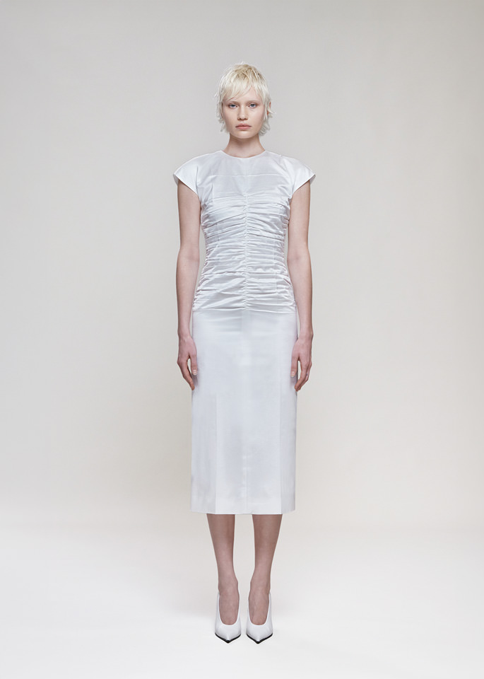 DEL CORE: SHEATH MIDI DRESS IN VISCOSE SATIN WITH PRESSEDDRAPING EFFECT