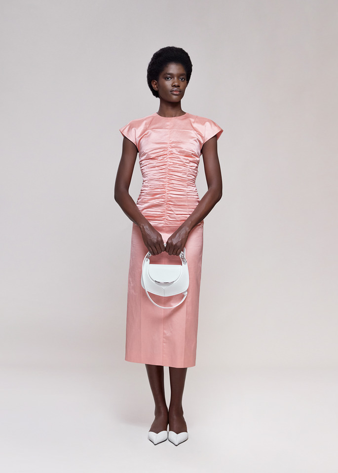 DEL CORE: SHEATH MIDI DRESS IN VISCOSE SATIN WITH PRESSEDDRAPING EFFECT