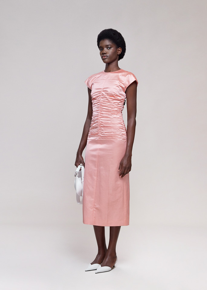 DEL CORE: SHEATH MIDI DRESS IN VISCOSE SATIN WITH PRESSEDDRAPING EFFECT