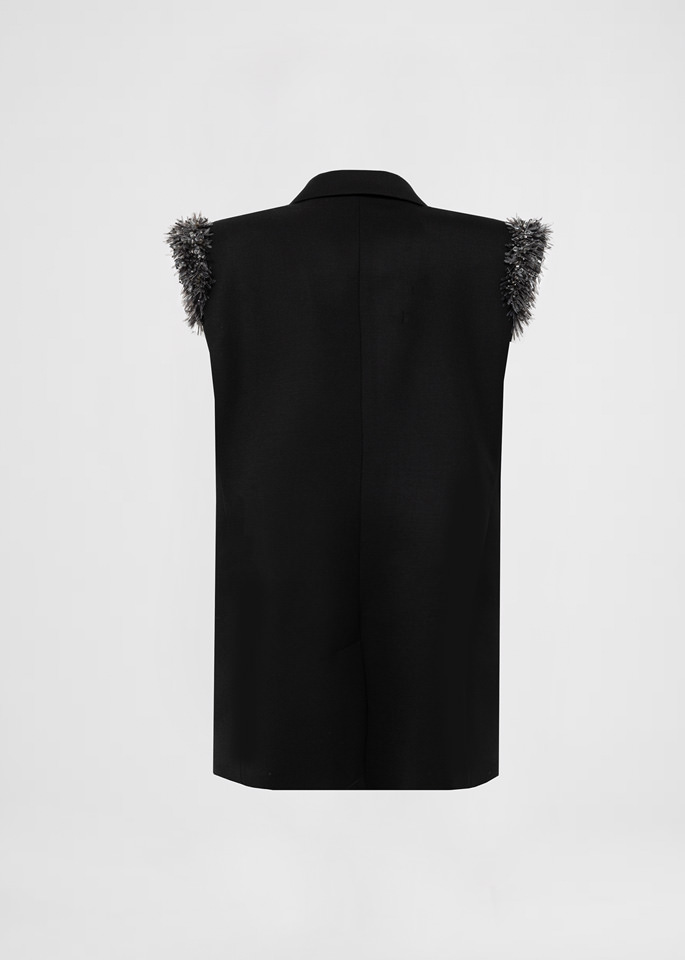 DEL CORE: DOUBLE BREASTED SLEEVELESS WOOL JACKET WITH EMBROIDERED SHOULDERS AND PEAK LAPEL