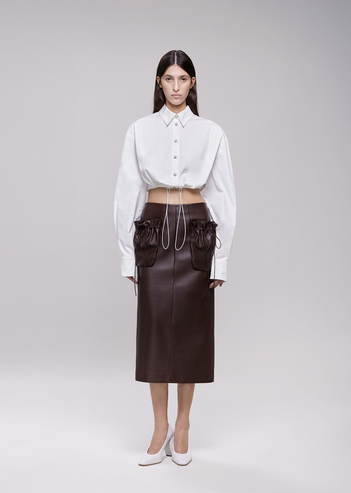 DEL CORE: LEATHER PENCIL SKIRT WITH DRAW STRING POCKETS