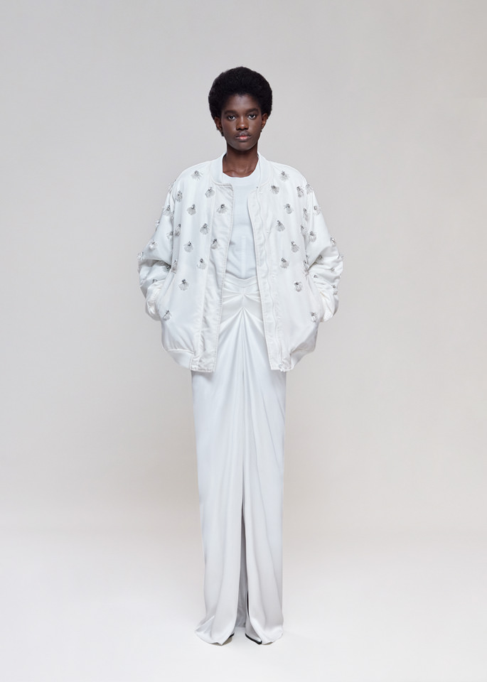 DEL CORE: EVENING SKIRT IN CREPE SATIN WITH GATHERED FRONTAL DETAIL AND BACK SLIT