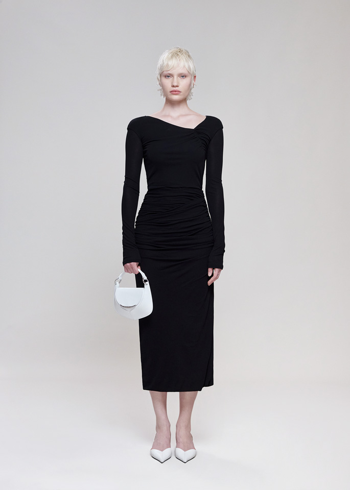 DEL CORE: GATHERED TUBINO SKIRT IN CREPE JERSEY