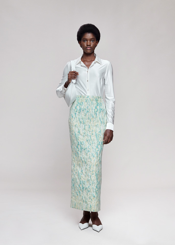 DEL CORE: GONNA LUNGA A TUBINO E VITA ALTA IN JACQUARD DI SETA