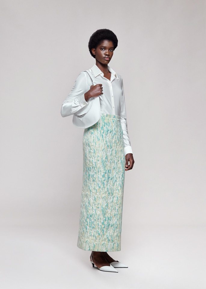 DEL CORE: GONNA LUNGA A TUBINO E VITA ALTA IN JACQUARD DI SETA