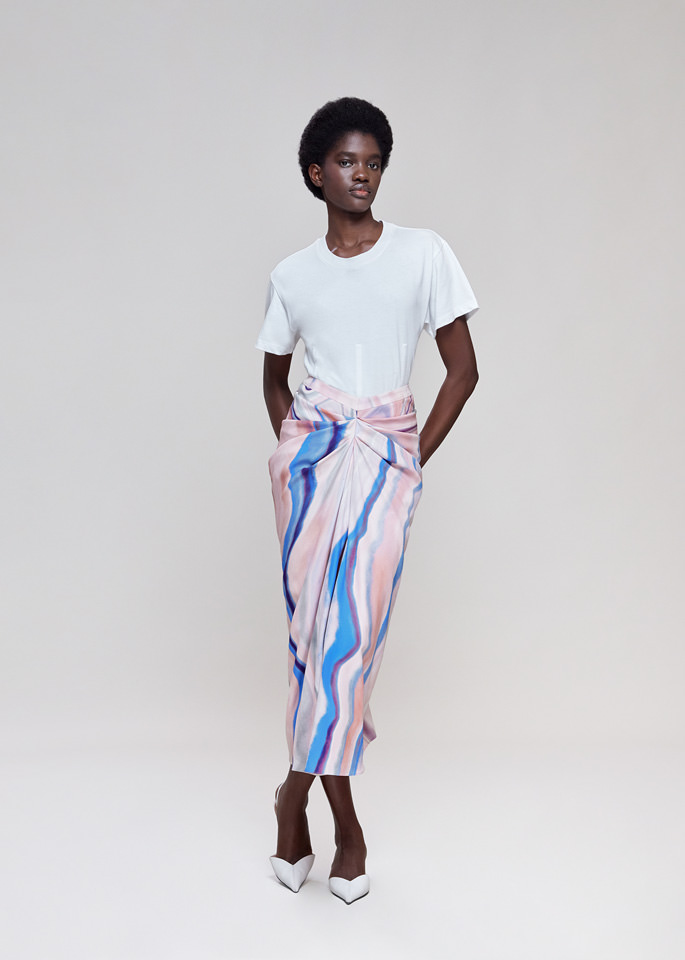 DEL CORE: GONNA TUBINO DRAPPEGGIATA IN ENVER SATIN STAMPATO