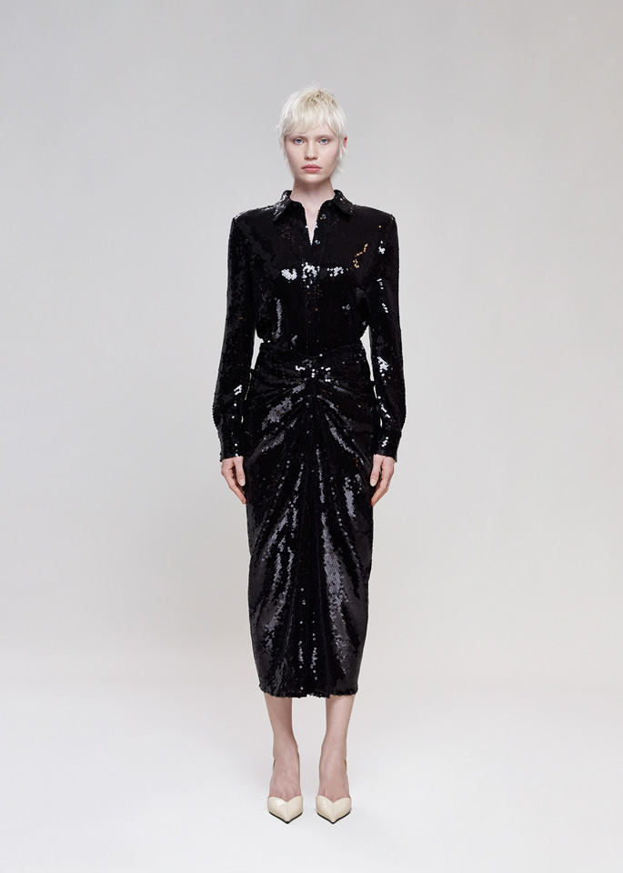 DEL CORE: MIDI SKIRT IN SEQUIN WITH GATHERED FRONTAL DETAIL AND BACK SLIT