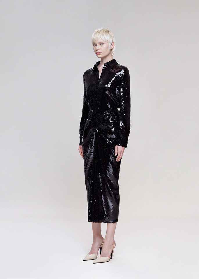 DEL CORE: MIDI SKIRT IN SEQUIN WITH GATHERED FRONTAL DETAIL AND BACK SLIT