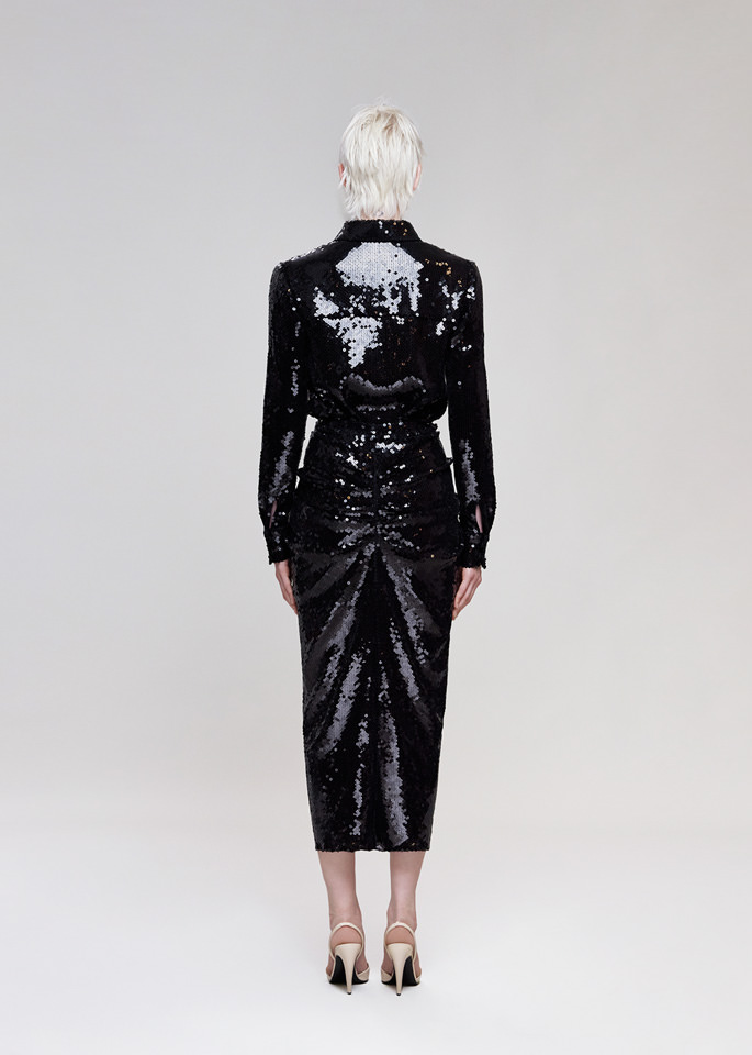 DEL CORE: MIDI SKIRT IN SEQUIN WITH GATHERED FRONTAL DETAIL AND BACK SLIT