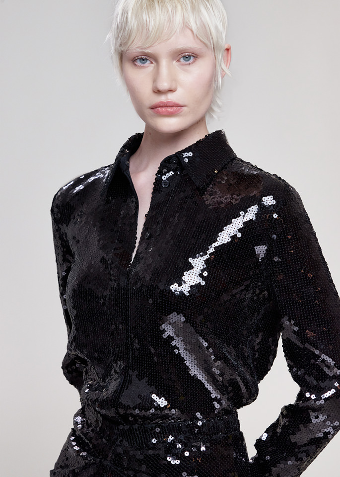 DEL CORE: MIDI SKIRT IN SEQUIN WITH GATHERED FRONTAL DETAIL AND BACK SLIT