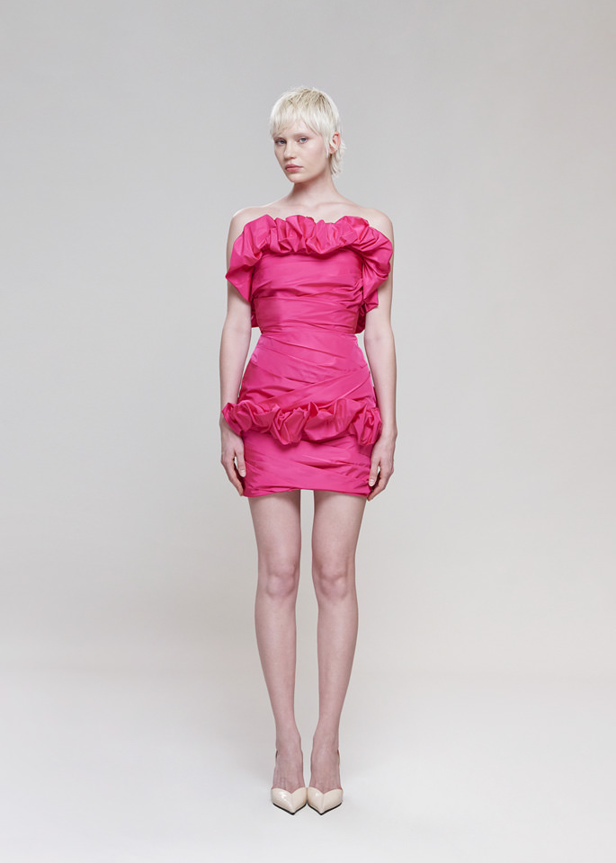 DEL CORE: MINI ABITO A BUSTIER IN TAFFETA CON DETTAGLI ROUCHES