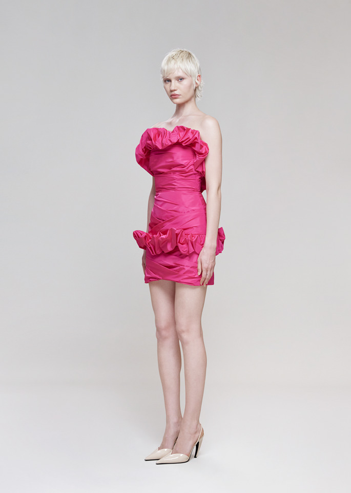 DEL CORE: MINI ABITO A BUSTIER IN TAFFETA CON DETTAGLI ROUCHES