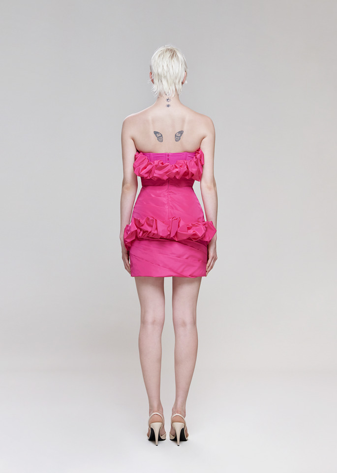 DEL CORE: MINI ABITO A BUSTIER IN TAFFETA CON DETTAGLI ROUCHES