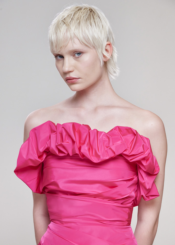 DEL CORE: MINI ABITO A BUSTIER IN TAFFETA CON DETTAGLI ROUCHES