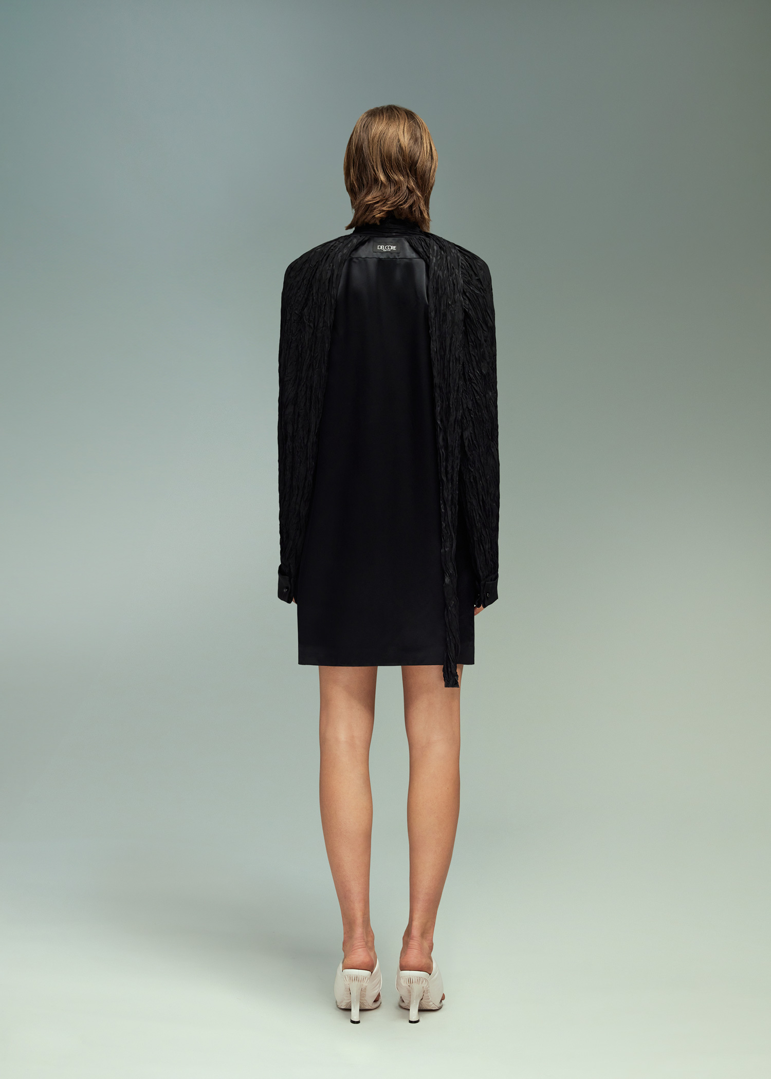 DEL CORE: MINI DRESS WITH TREEBARK PLEATED SLEEVES AND SCARF