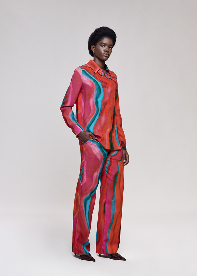 DEL CORE: LOW RISE PRINTED CREPE SATIN STRAIGHT LEG TROUSER