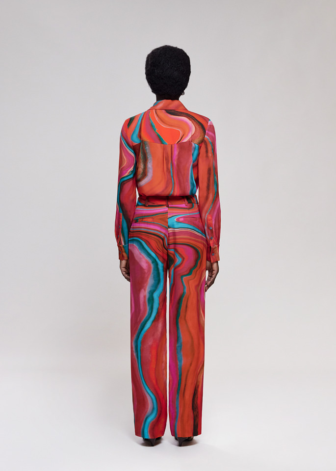 DEL CORE: LOW RISE PRINTED CREPE SATIN STRAIGHT LEG TROUSER