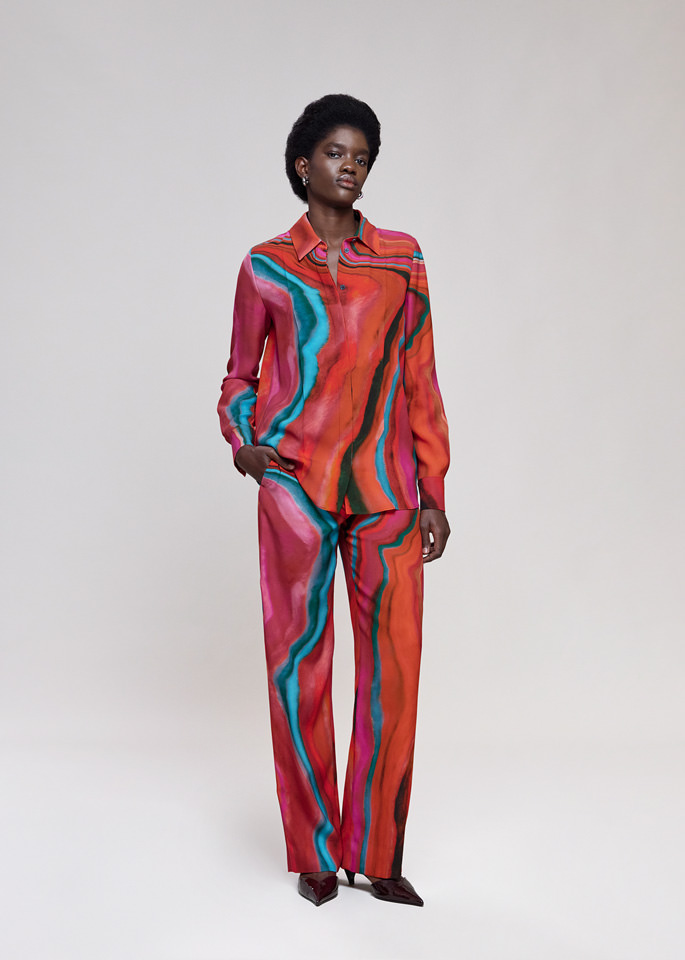 DEL CORE: LOW RISE PRINTED CREPE SATIN STRAIGHT LEG TROUSER