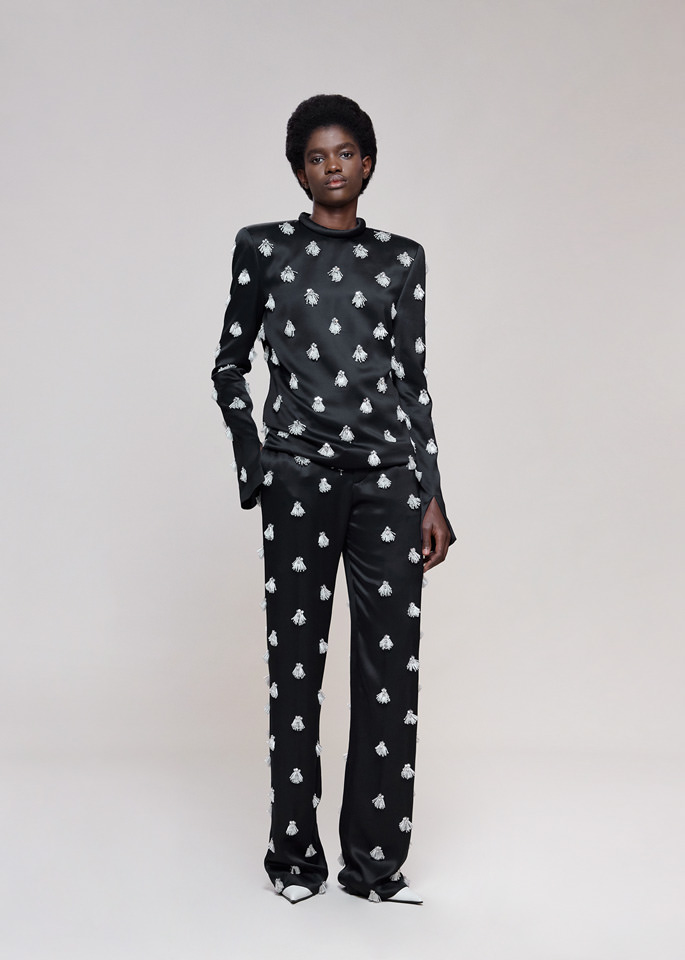 DEL CORE: LOW RISE CREPE SATIN EMBELLISHED STRAIGHT LEG TROUSERS