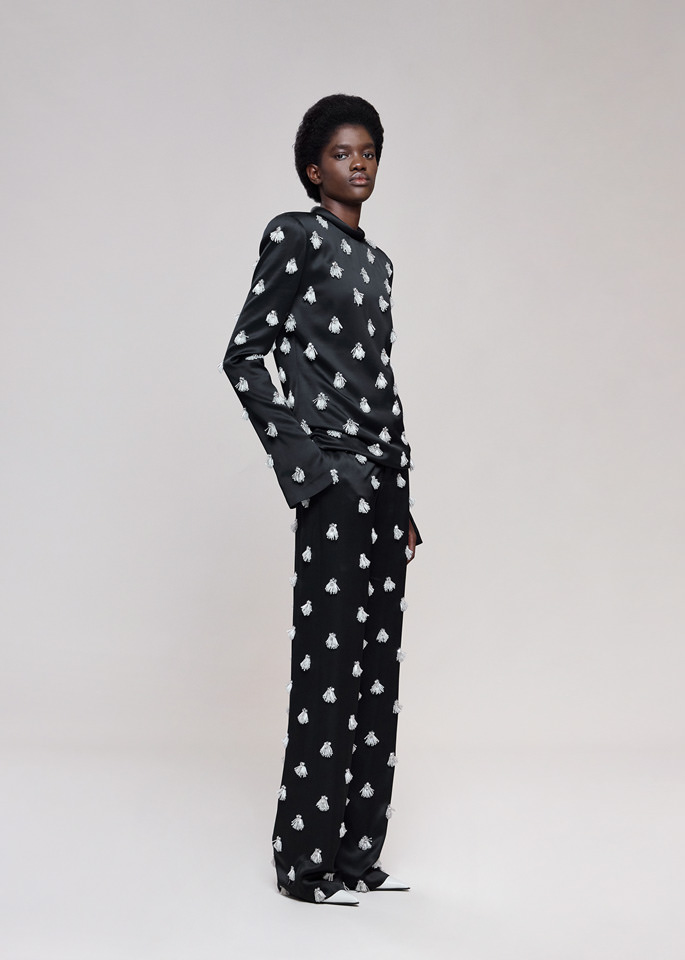 DEL CORE: LOW RISE CREPE SATIN EMBELLISHED STRAIGHT LEG TROUSERS