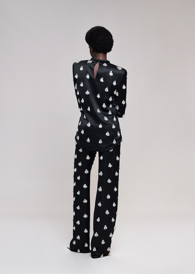 DEL CORE: LOW RISE CREPE SATIN EMBELLISHED STRAIGHT LEG TROUSERS