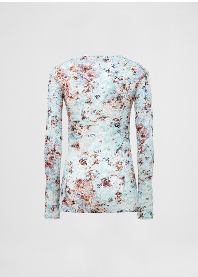 DEL CORE: TOP ARRICCIATO A MANICHE LUNGHE CON SCOLLATURA ASSIMETRICA IN CREPE JERSEY STAMPATO