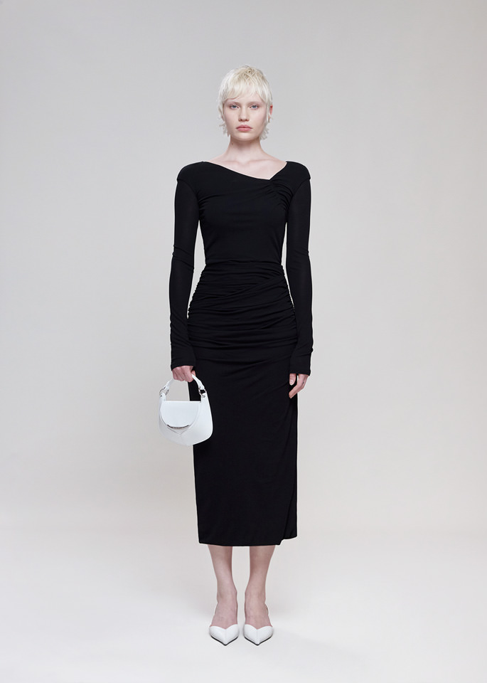 DEL CORE: LONG SLEEVE GATHERED TOP WITH ASYMMETRICAL NECKLINE IN CREPE JERSEY