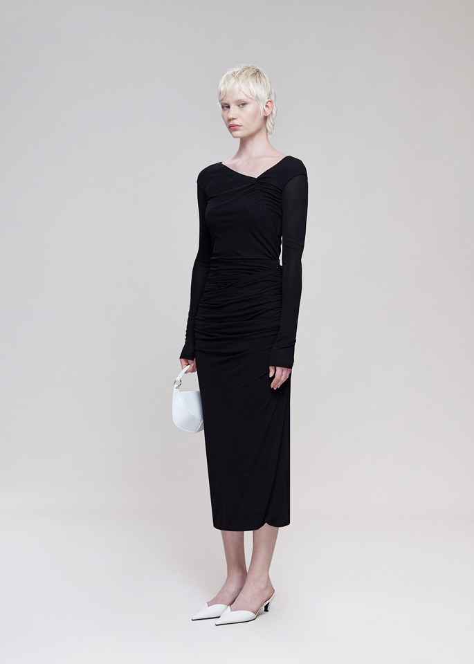 DEL CORE: LONG SLEEVE GATHERED TOP WITH ASYMMETRICAL NECKLINE IN CREPE JERSEY