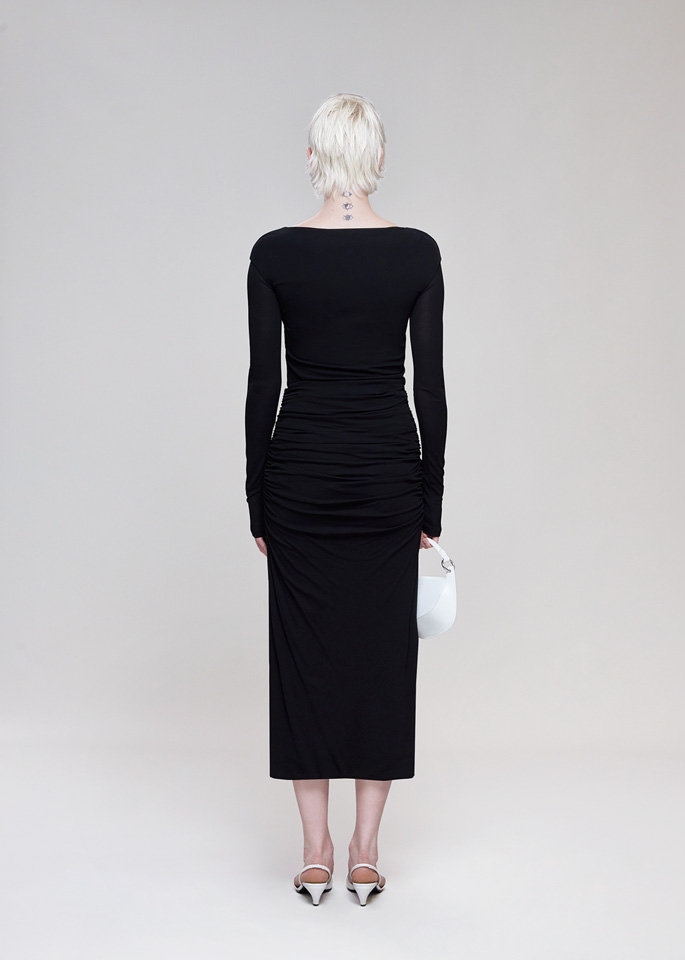 DEL CORE: LONG SLEEVE GATHERED TOP WITH ASYMMETRICAL NECKLINE IN CREPE JERSEY