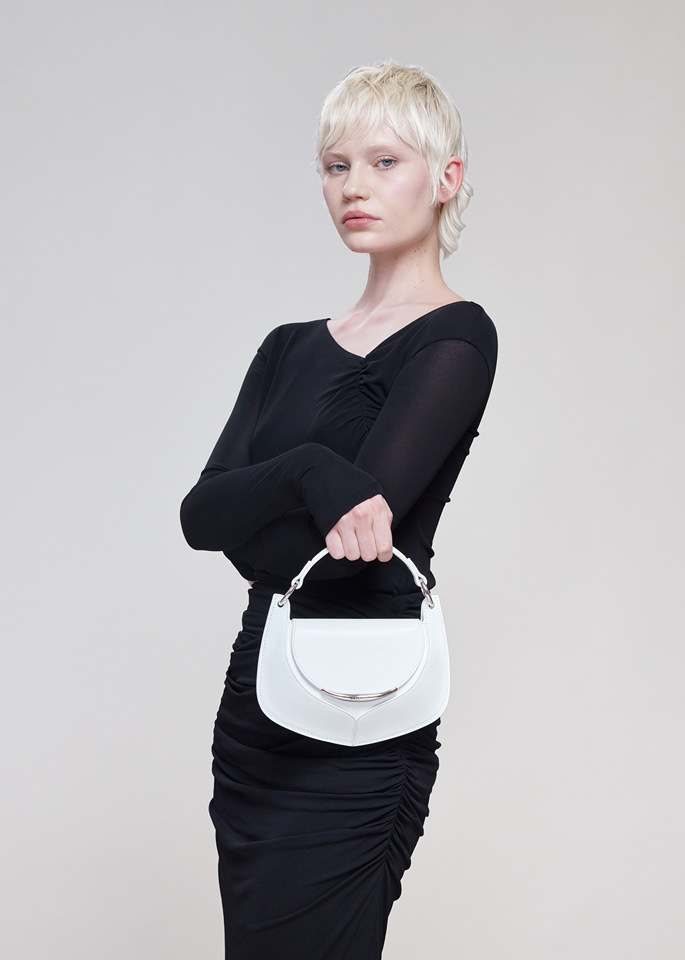 DEL CORE: LONG SLEEVE GATHERED TOP WITH ASYMMETRICAL NECKLINE IN CREPE JERSEY