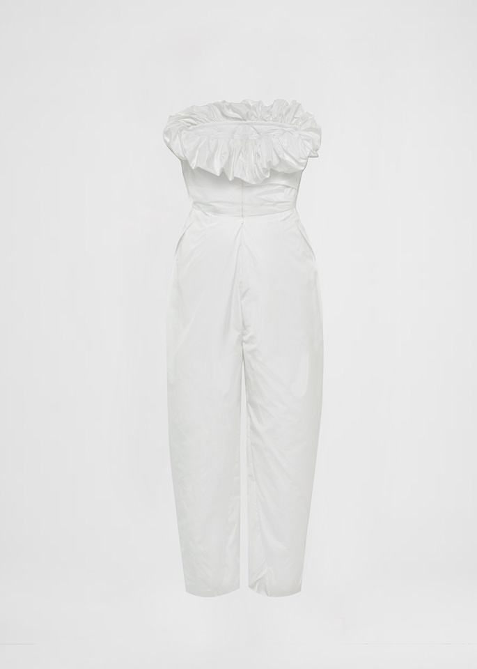 DEL CORE: STRAPLESS TAFFETTA JUMPSUIT WITH RUFFLE DETAILS
